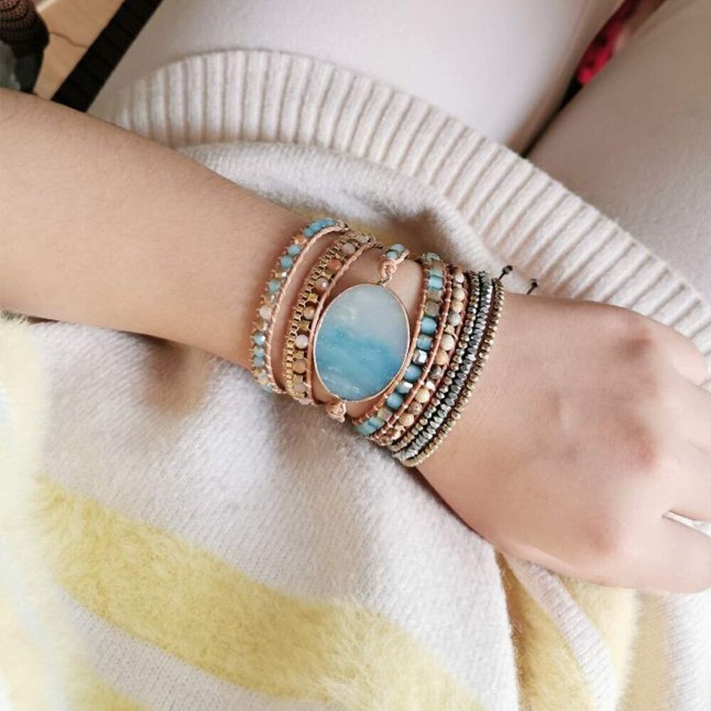 Women Boho Leather Bead Wrap Bracelet with Amazonite Natural Stone - Picture 2 of 6